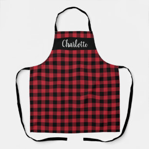 Festive Red Black Buffalo Plaid Monogram Apron