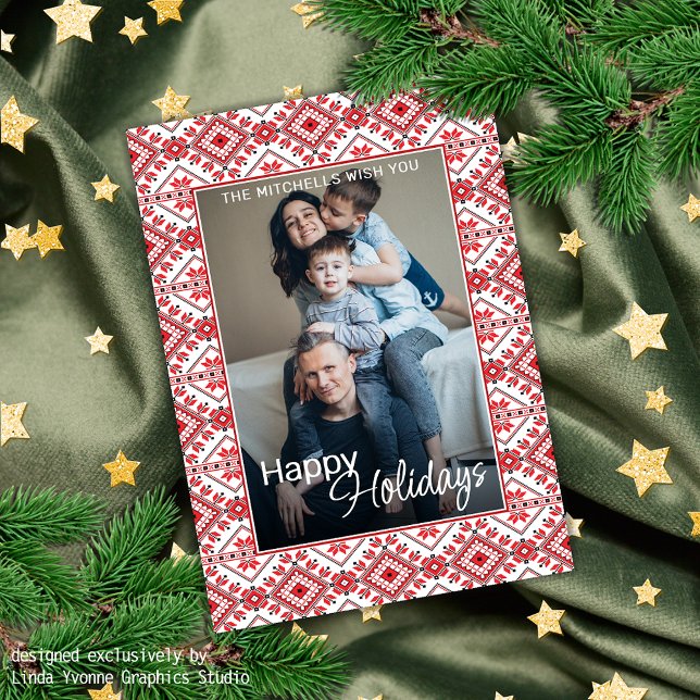 Festive Red Black Classic Nordic Fair Isle Motif Holiday Card (Creator Uploaded)