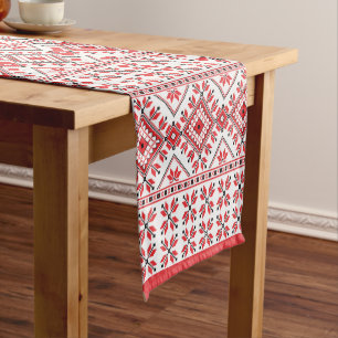 Festive Red Black Nordic Fair Isle Snowflake Motif Short Table Runner