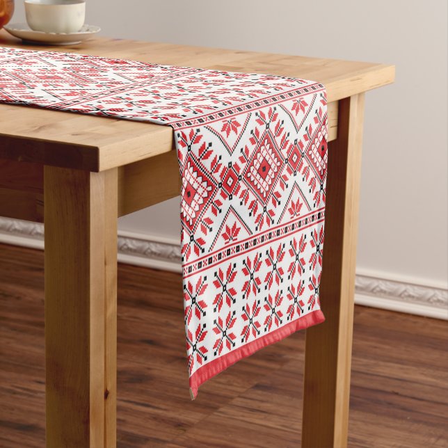 Festive Red Black Nordic Fair Isle Snowflake Motif Short Table Runner (In Situ)