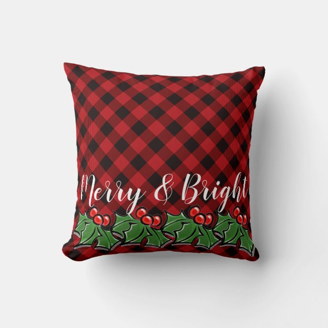 Festive red black plaid holly leaves berries cushion (Front)