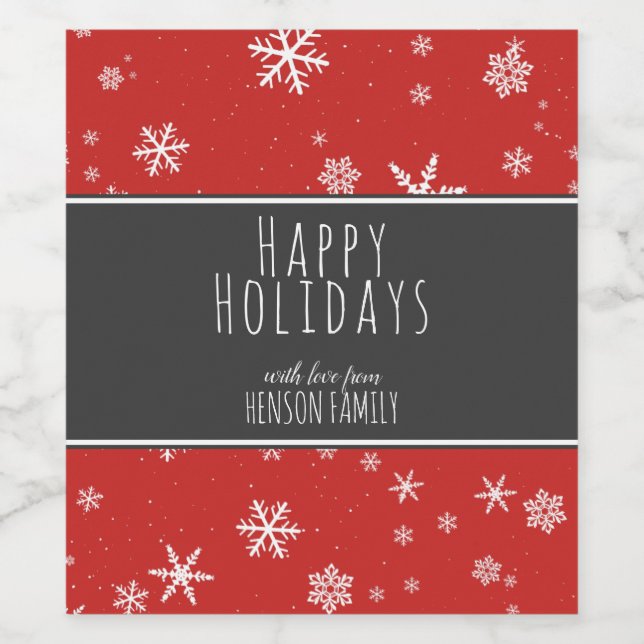 Festive Red Black Snowflakes Happy Holidays Wine Label (Single Label)