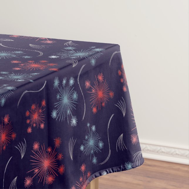 Festive Red, Blue and Silver fireworks design Tablecloth (In Situ)