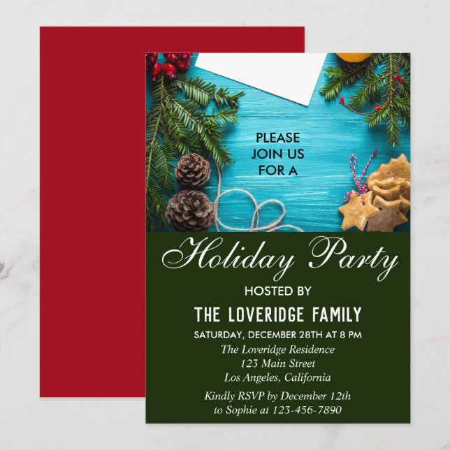 Festive Red, Blue & Green Country Holiday Party Invitation (Front/Back)