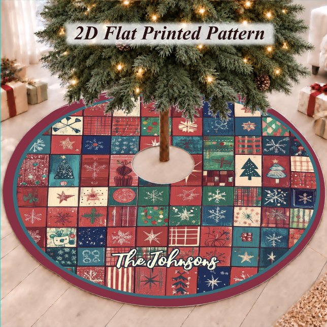 Festive Red Blue Whimsical Christmas Pattern Brushed Polyester Tree Skirt (Creator Uploaded)