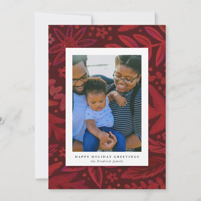 Festive Red Botanical Holiday Photo Card (Front)