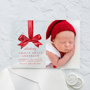 Festive Red Bow Acrylic Holiday Birth Announcement