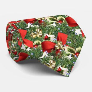 Festive Red Bow and Holly Leaves Christmas  Tie