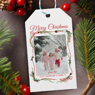 Festive Red Bow Border -1 Photo White Christmas Gift Tags