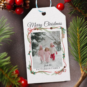 Festive Red Bow Border -1 Photo White Christmas Gift Tags