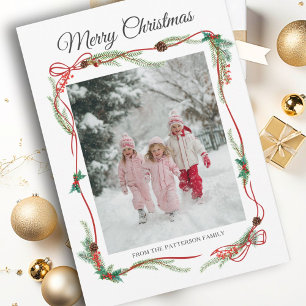Festive Red Bow Border -1 Photo White Christmas Ho Holiday Card