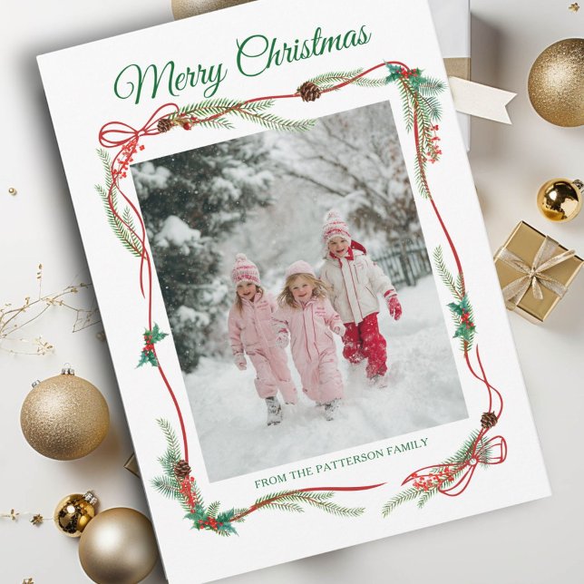 Festive Red Bow Border -1 Photo White Christmas Holiday Card (Festive Red Bow Border -1 Photo White Christmas Holiday Card)