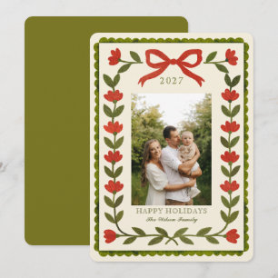 Festive Red Bow Floral Family Holiday Photo Card