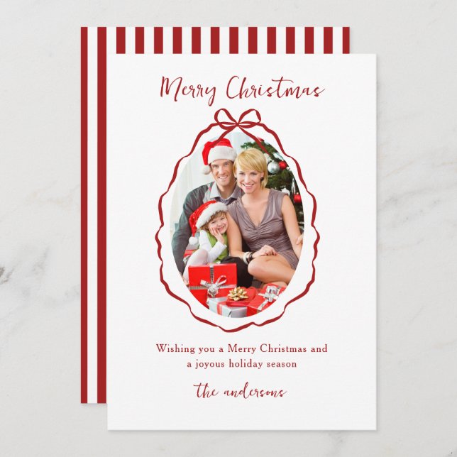 Festive Red Bow Frame Photo Christmas   Holiday Card (Front/Back)