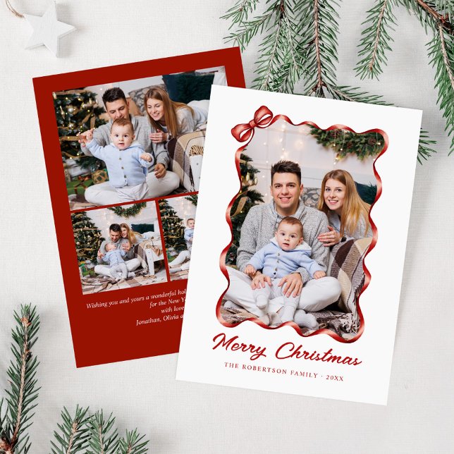 Festive Red Bow Ribbon Christmas Photo Holiday Card (Creator Uploaded)