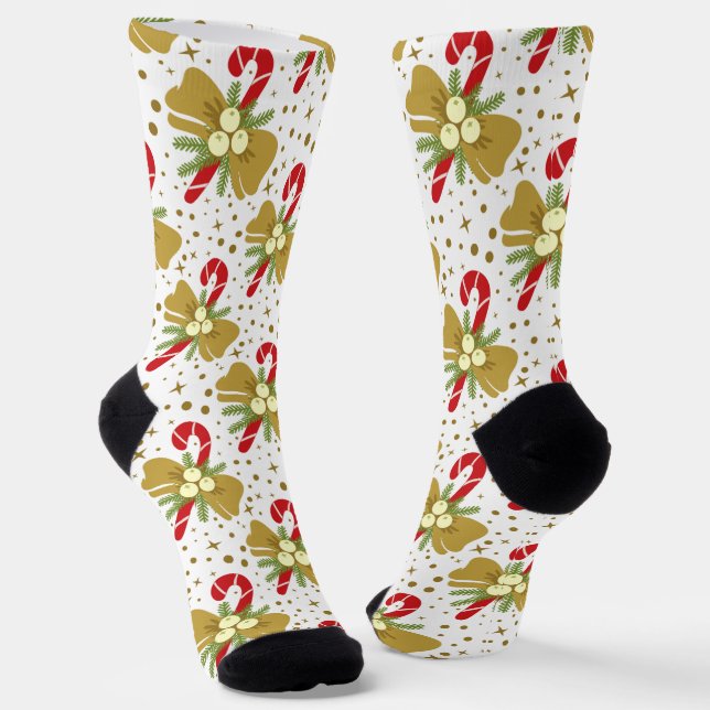 Festive Red Candy Canes with Gold Bows Christmas Socks (Angled)