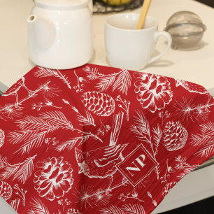 Festive Red Cardinal Bird, Pine and Winter Berries Tea Towel
