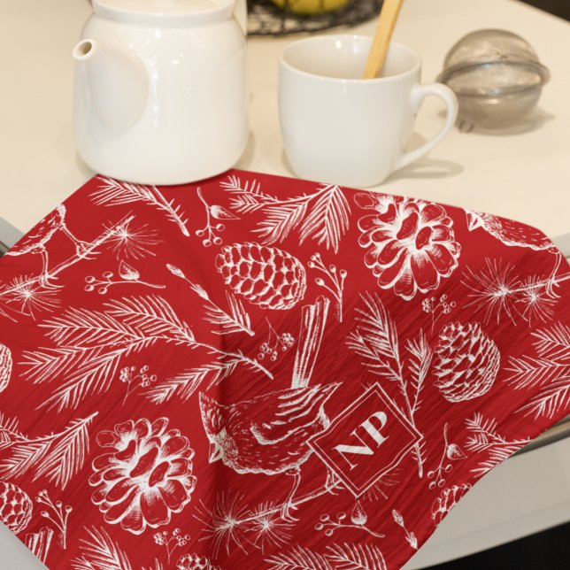 Festive Red Cardinal Bird, Pine and Winter Berries Tea Towel (Winter Red Cardinal Bird Pattern Christmas Kitchen Towel. Cardinal Bird, Pine Branches & Pinecones)
