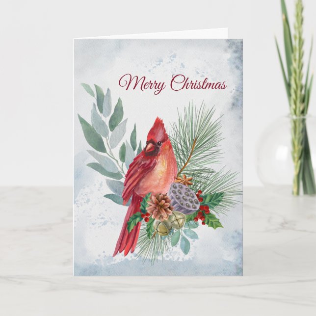 Festive Red Cardinal Floral Christmas Card (Front)