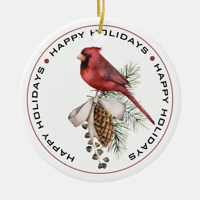 Festive Red Cardinal with Pine Cone Happy Holidays Ceramic Tree Decoration (Front)