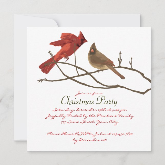 Festive Red Cardinals Christmas Party Invitation (Front)