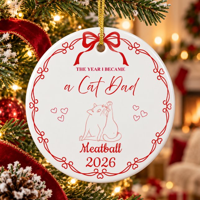 Festive Red Cat Dad Custom Name & Year Ceramic Tree Decoration (Creator Uploaded)