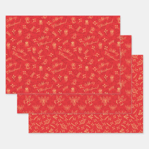 Festive Red Christmas 3 Patterns Holidays Gift Wrapping Paper Sheet