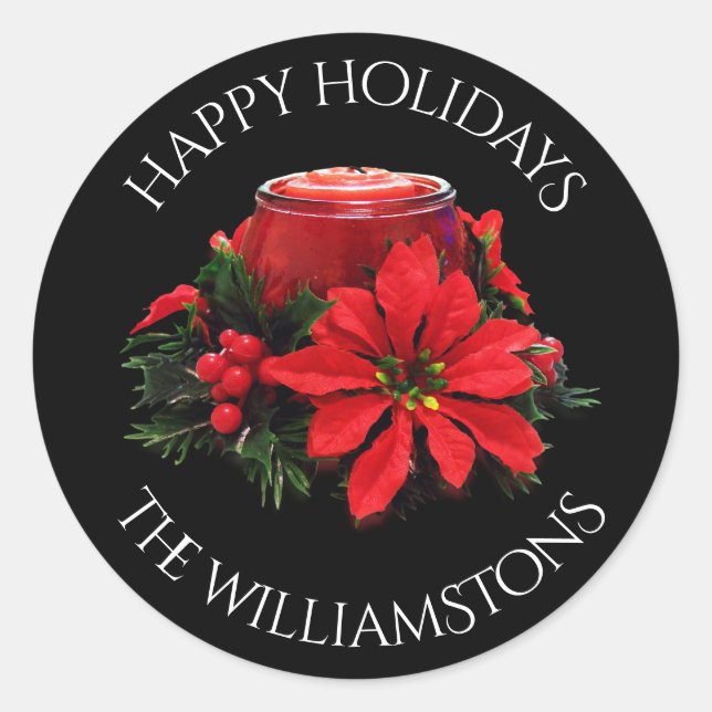 Festive Red Christmas Candle, Holly and Poinsettia Classic Round Sticker (Front)