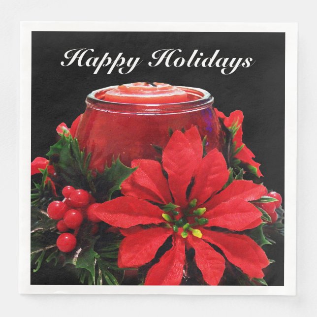 Festive Red Christmas Candle, Holly and Poinsettia Napkin (Front)