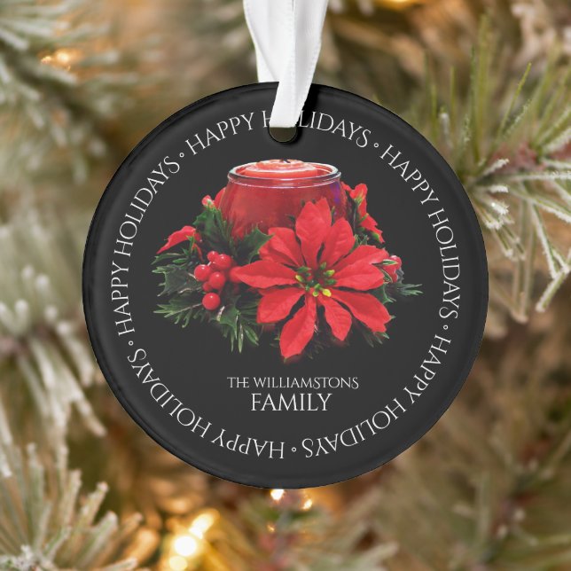 Festive Red Christmas Candle, Holly and Poinsettia Ornament (Tree)