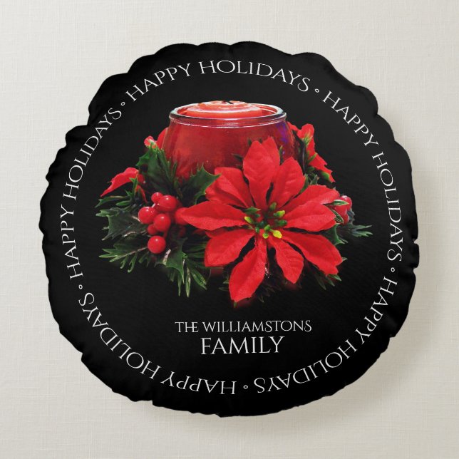 Festive Red Christmas Candle, Holly and Poinsettia Round Cushion (Front)
