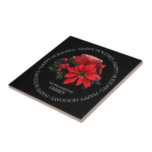 Festive Red Christmas Candle, Holly and Poinsettia Tile