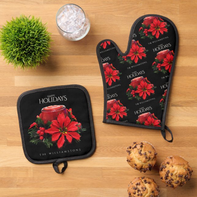 Festive Red Christmas Candle Holly Poinsettias Oven Mitt & Pot Holder Set (Top Down)