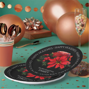 Festive Red Christmas Candle Holly Poinsettias Paper Plate