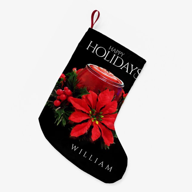 Festive Red Christmas Candle Holly Poinsettias Small Christmas Stocking (Front (Hanging))