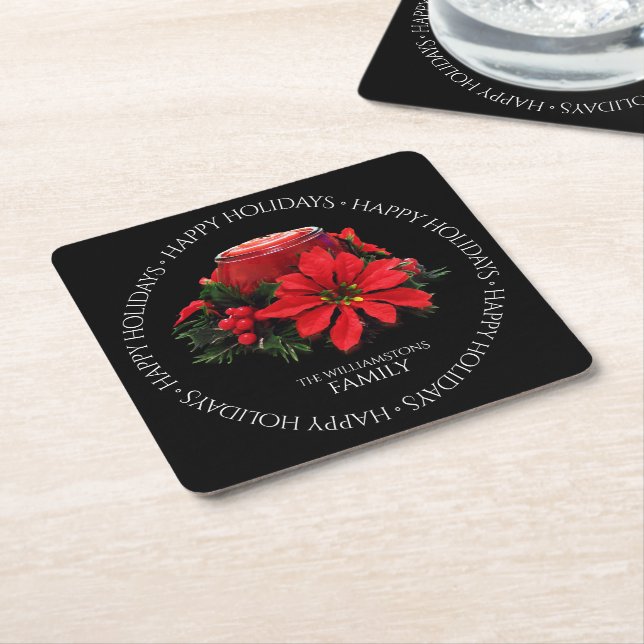 Festive Red Christmas Candle Holly Poinsettias Square Paper Coaster (Angled)