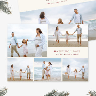 Festive Red Christmas Elegant Five Photo Collage Holiday Card