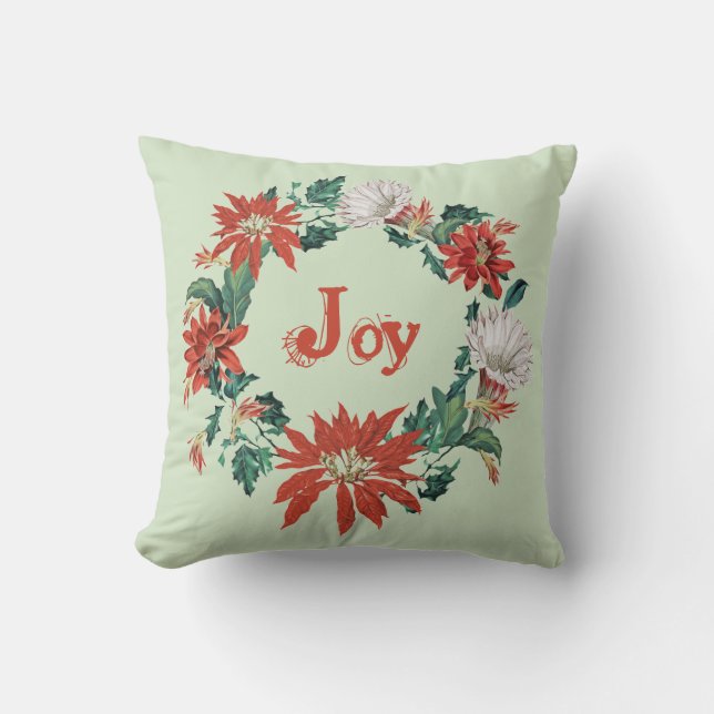 Festive Red Christmas Joy Floral Wreath on Sage Cushion (Front)