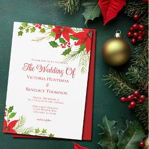 Festive Red Christmas Poinsettia Floral Wedding Invitation