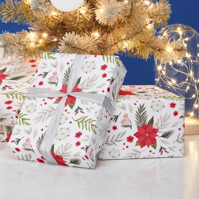 Festive Red Christmas Poinsettia & Greens on White Wrapping Paper (Holidays)