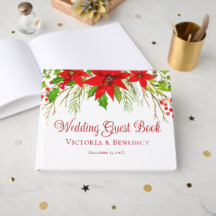 Festive Red Christmas Poinsettia Holiday Wedding Guest Book