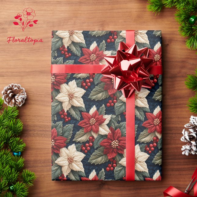 Festive Red Christmas Poinsettia Knitted Floral  Wrapping Paper (Creator Uploaded)