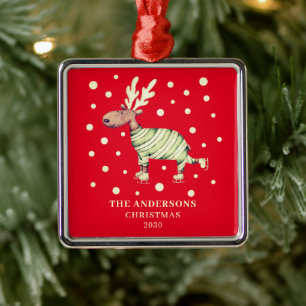 Festive Red Christmas Reindeer Skating Name Metal Tree Decoration