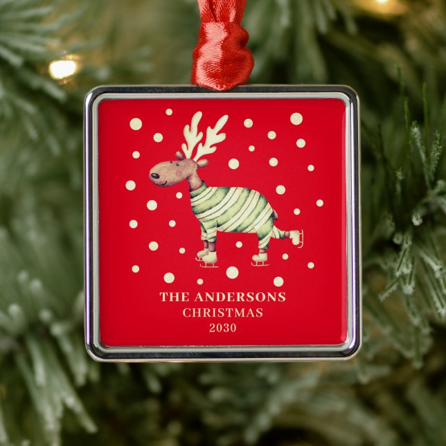 Festive Red Christmas Reindeer Skating Name Metal Tree Decoration (Tree)