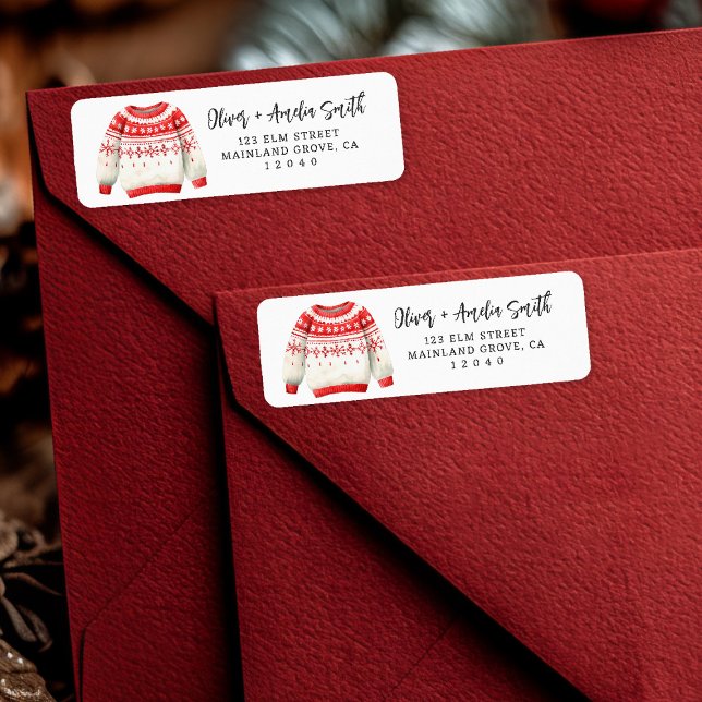Festive Red Christmas Sweater Return Address Label (Warm wishes & cozy vibes 🎄 Personalize your mail with this festive red sweater label.)