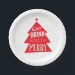 Festive Red Christmas Tree Party Paper Plate<br><div class="desc">A cheerful and fun red Christmas tree spreads a message of holiday cheer with the message to "eat,  drink and be merry" in fun and carefree typography. Use these white paper plates for your holiday dinner or a seasonal party.</div>