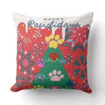 Festive red Christmas tree with paws ornaments 