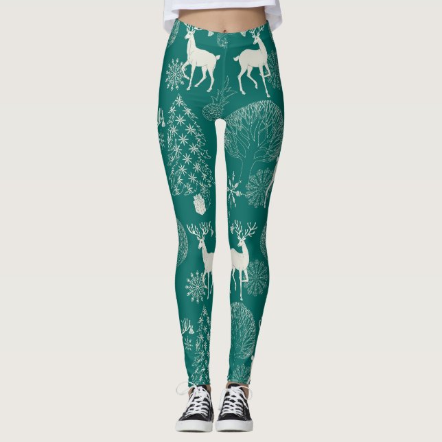 Festive red Christmas, winter forest. Leggings (Front)