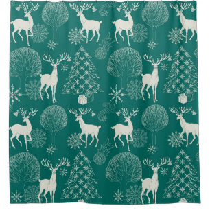 Festive red Christmas, winter forest. Shower Curtain