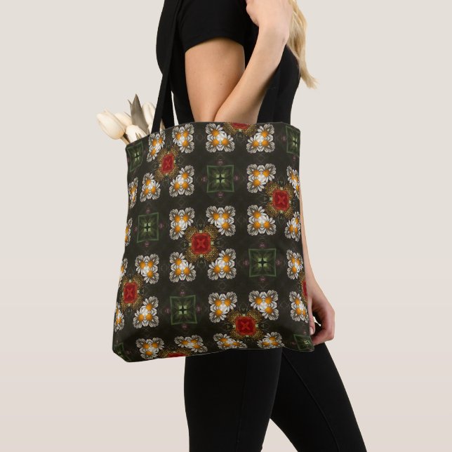 Festive red cross abstract daisies tote bag (Close Up)